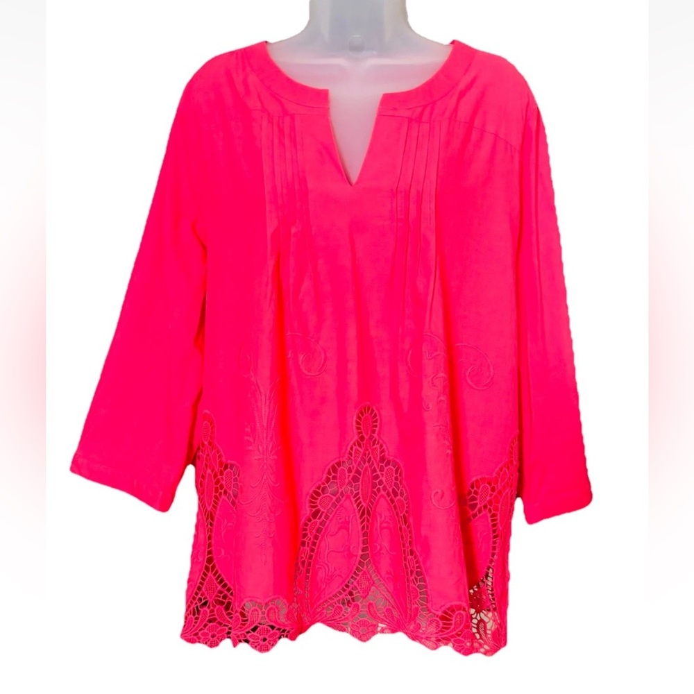 Saint Tropez West Cotton Tunic Top Size 1X Hot Pink Cut Out Lace Feminine